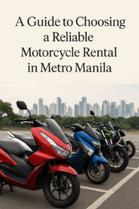 Line-up of colorful motorcycles parked with Metro Manila skyline in the background, illustrating a motorcycle rental guide.
