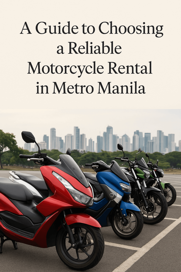 Line-up of colorful motorcycles parked with Metro Manila skyline in the background, illustrating a motorcycle rental guide.
