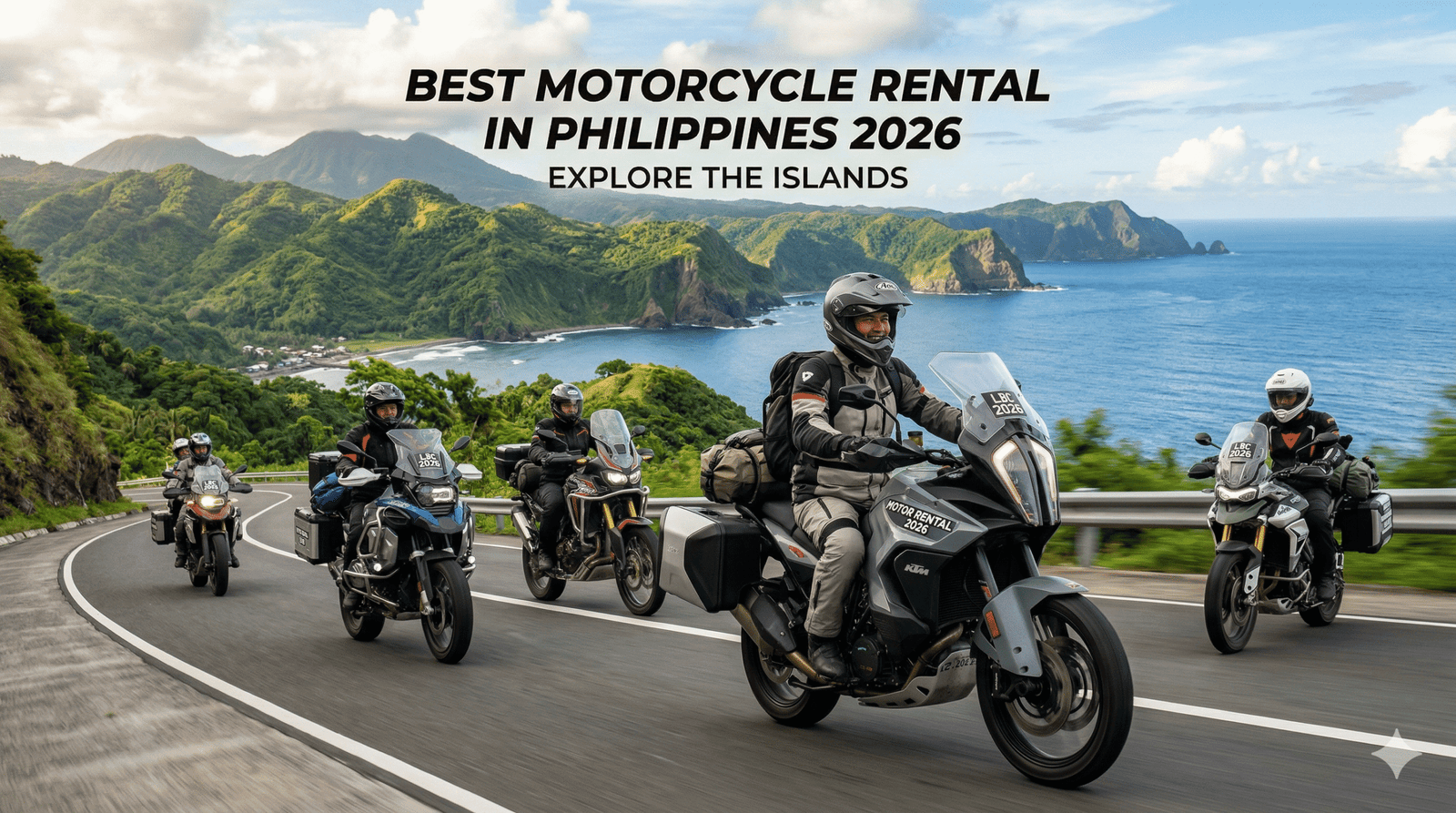 A group of adventure motorcyclists from Renta Motor Manila riding through a modern Metro Manila highway with a futuristic skyline and green road signs in the background.