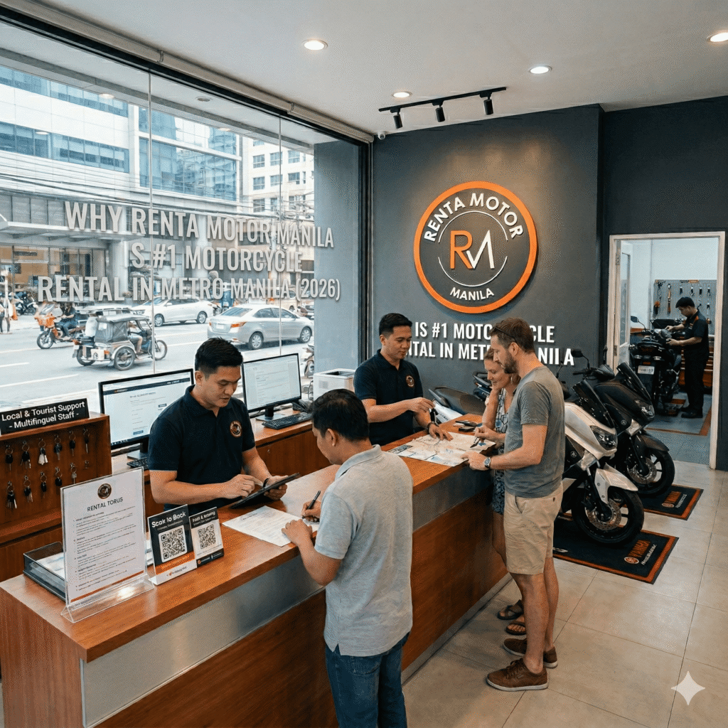 Inside a modern motorcycle rental shop in Metro Manila. A tourist couple and a local man stand at a wooden counter. Friendly staff members assist them, one with a tablet and another with paperwork. Several motorbikes are parked in the showroom, and a large sign on the back wall says "Renta Motor Manila is #1 Motorcycle Rental in Metro Manila". The bright storefront window shows a busy city street with traffic.