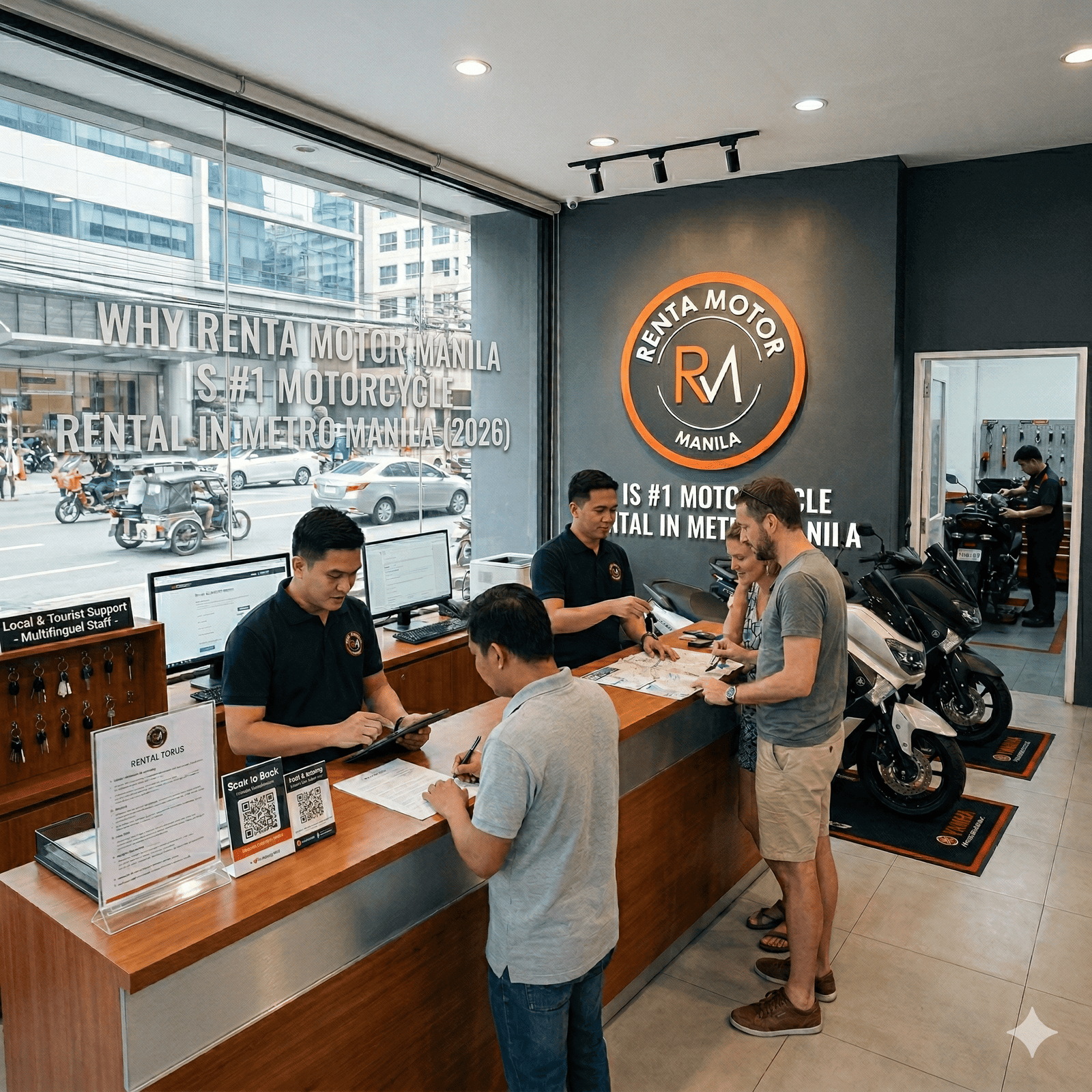 Inside a modern motorcycle rental shop in Metro Manila. A tourist couple and a local man stand at a wooden counter. Friendly staff members assist them, one with a tablet and another with paperwork. Several motorbikes are parked in the showroom, and a large sign on the back wall says "Renta Motor Manila is #1 Motorcycle Rental in Metro Manila". The bright storefront window shows a busy city street with traffic.