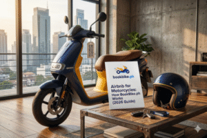 A modern blue and yellow scooter parked in a luxury loft with a BookBike.ph 2026 guide and helmet, representing the Airbnb for motorcycles concept.