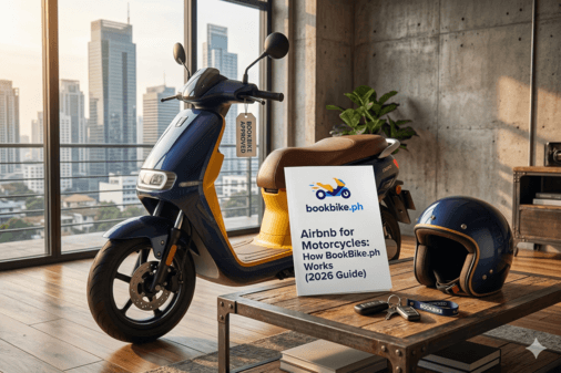 A modern blue and yellow scooter parked in a luxury loft with a BookBike.ph 2026 guide and helmet, representing the Airbnb for motorcycles concept.