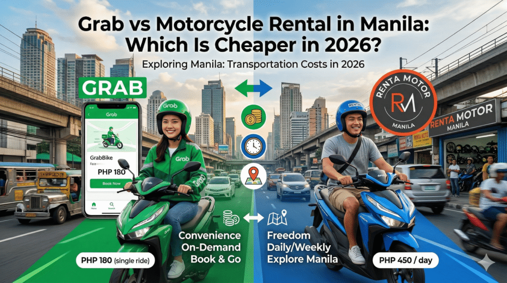 Comparison of GrabBike vs. Renta Motor Manila motorcycle rental in a busy Manila street setting, featuring pricing in PHP, brand logos, and the title "Grab vs Motorcycle Rental in Manila: Which Is Cheaper in 2026?