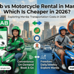 Comparison of GrabBike vs. Renta Motor Manila motorcycle rental in a busy Manila street setting, featuring pricing in PHP, brand logos, and the title "Grab vs Motorcycle Rental in Manila: Which Is Cheaper in 2026?