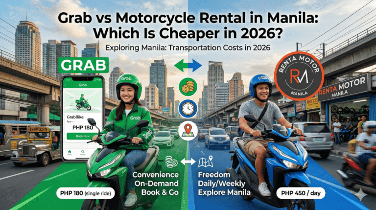 Comparison of GrabBike vs. Renta Motor Manila motorcycle rental in a busy Manila street setting, featuring pricing in PHP, brand logos, and the title "Grab vs Motorcycle Rental in Manila: Which Is Cheaper in 2026?