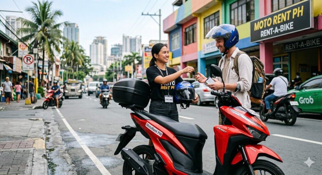 A Filipino woman handing over motorcycle keys to a tourist in a busy Manila street, showcasing how to rent a motor in Manila for passive income.