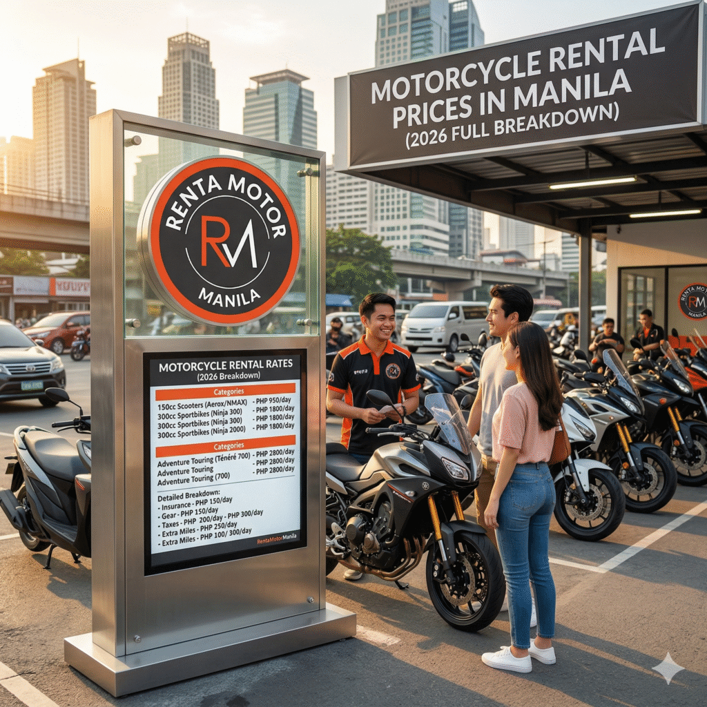 A customer views a detailed 2026 motorcycle rental price list at a Renta Motor Manila location. The outdoor station shows scooters and big bikes with a Manila skyline background. The price breakdown includes rates for models like Aerox and Ténéré 700.