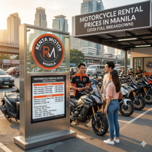 A customer views a detailed 2026 motorcycle rental price list at a Renta Motor Manila location. The outdoor station shows scooters and big bikes with a Manila skyline background. The price breakdown includes rates for models like Aerox and Ténéré 700.