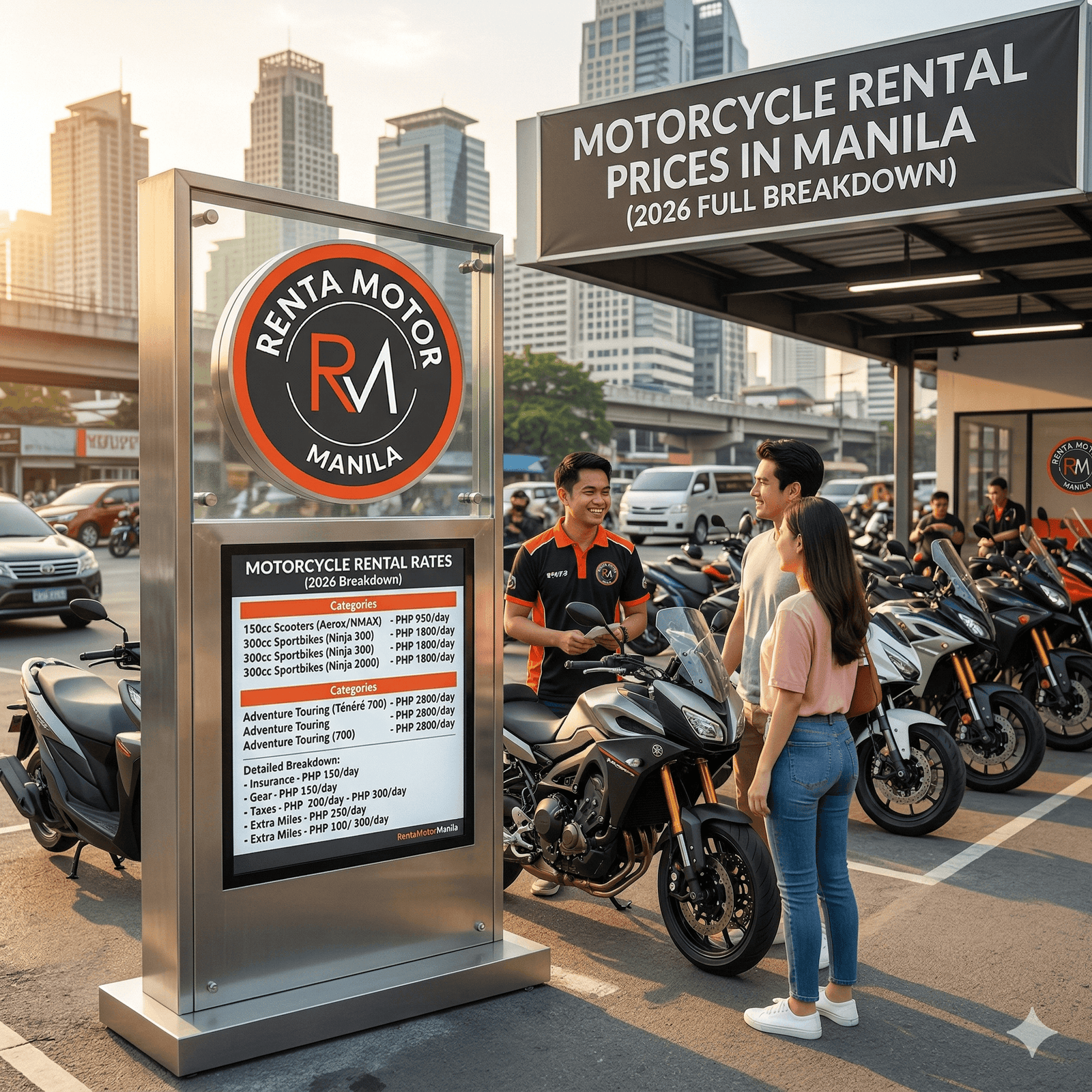 A customer views a detailed 2026 motorcycle rental price list at a Renta Motor Manila location. The outdoor station shows scooters and big bikes with a Manila skyline background. The price breakdown includes rates for models like Aerox and Ténéré 700.