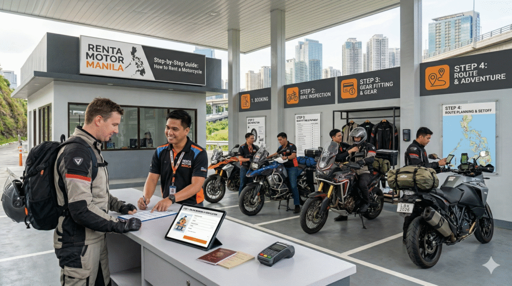 A professional Renta Motor Manila rental station in Metro Manila showing a customer at the counter and staff preparing adventure motorcycles for a step-by-step rental process.