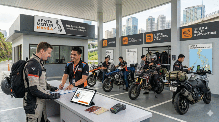 A professional Renta Motor Manila rental station in Metro Manila showing a customer at the counter and staff preparing adventure motorcycles for a step-by-step rental process.