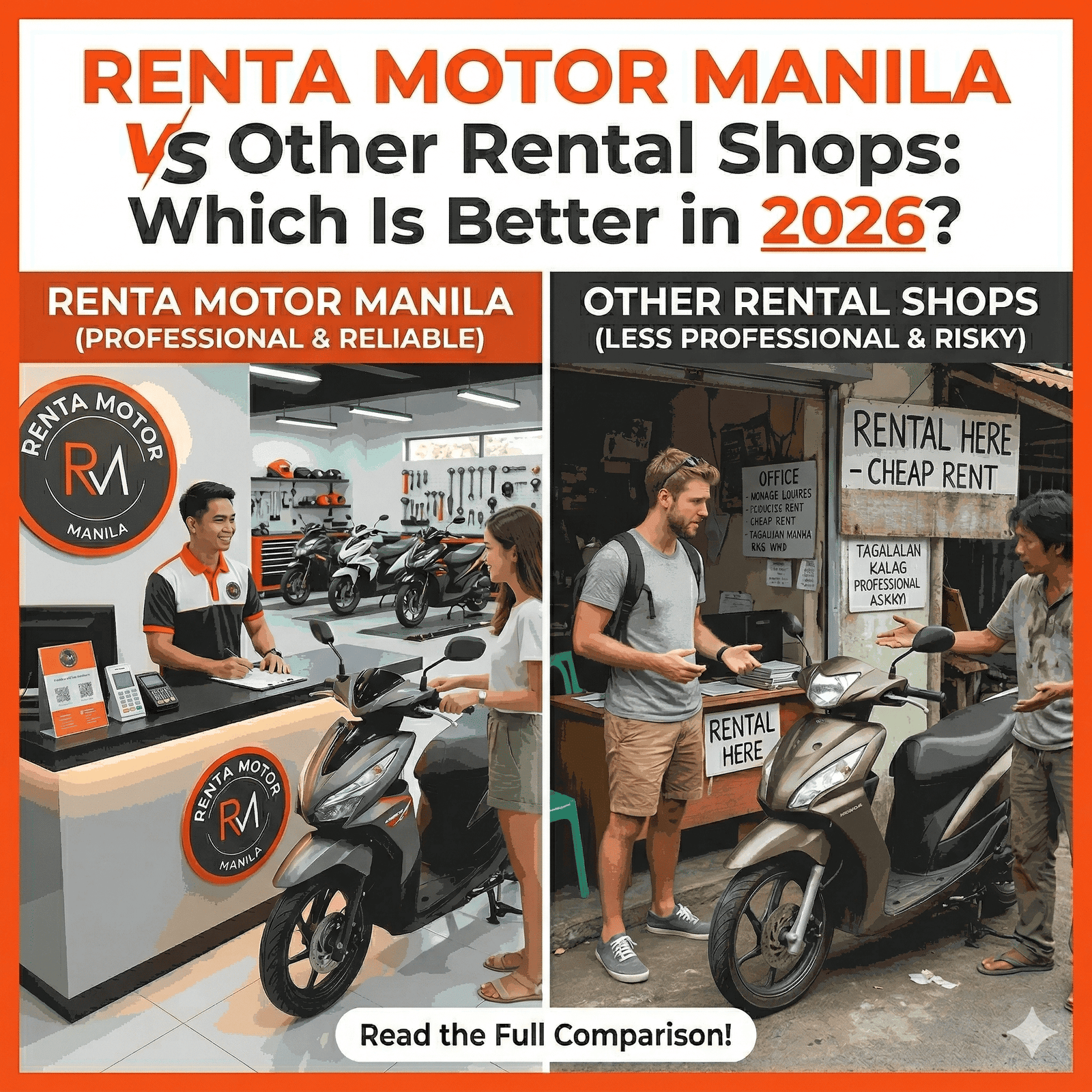 Comparison between Renta Motor Manila's professional motorcycle rental shop and a risky, informal roadside rental in the Philippines.